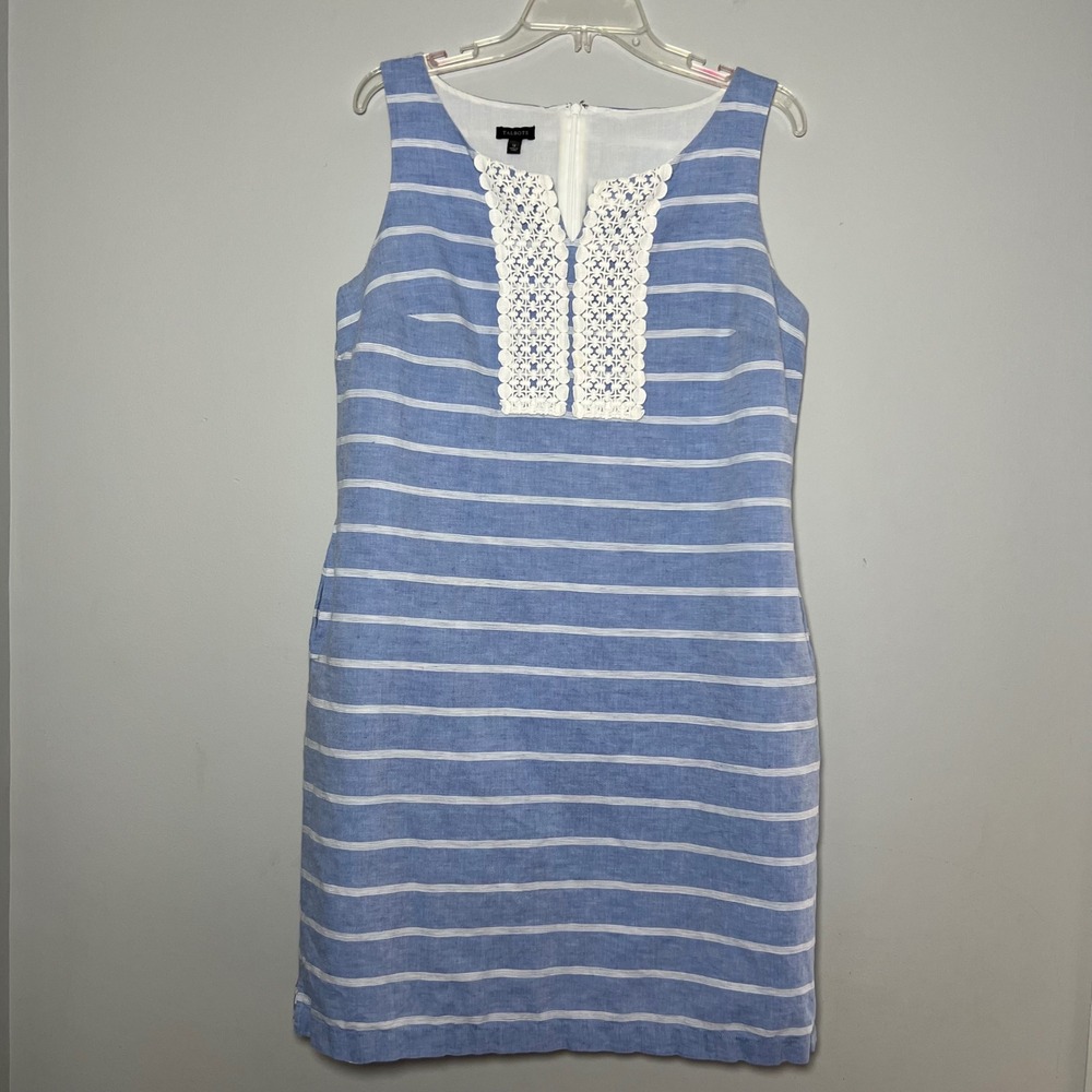 Talbots Womens Blue White Striped Linen Cotton‎ Shift Dress Crochet Lace Trim 12